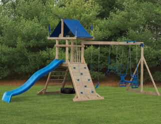 Model 1751 - 10'x23' Playset with 3'x3' A-Frame Tower, 5' High Deck, 3-Position Single Swing Beam, 10' Waterfall Slide, Swing, Trapeze, Plastic Glider, Tire Swing, and 5' Rock Wall