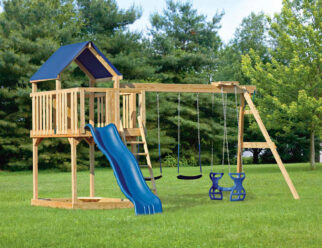 Jefferson 17'x17' Playset with 5x8 Tower, Step Ladder, Hand Rail, 5x7 Sandbox, Tarp Roof, 10’ Wonder Wave Slide, Captain’s Wheel, 3-Position 8’ High Swing Beam, Two Belt Swings, and Plastic Glider