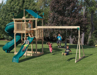 Model 1852 - 14'x25' Playset with 4'x8' Split Level Tower, 5' and 7' High Decks, 3-Position Single Swing Beam, Turbo Tube Slide, 10' Waterfall Slide, 2 Swings, and Trapeze