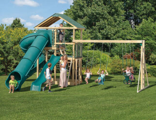 Model 1853 - 19'x25' Playset with 4'x8 Tower, Poly Roof, Floor, and Slats, 5' and 7' High Decks, 3-Position Double Beam with Climber Bars, Exit Ladder, 2 Swings, Plastic Glider, 5' Rock Wall, 10' Waterfall Slide, Turbo Tube Slide, 14' Tunnel Express Slide