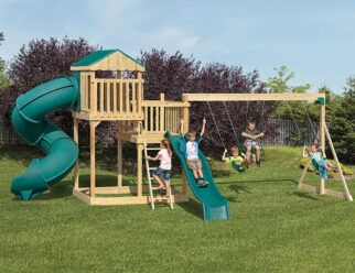 Model 1902 - 16'x25' Playset with 6'x8' Split Level Tower, 5' and 7' High Decks, 3-Position Single Swing Beam, Turbo Tube Slide, 10' Waterfall Slide, 2 Swings, and Trapeze