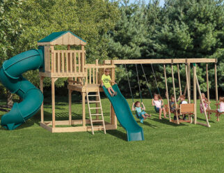Model 1903 - 16'x27' Playset with 6'x8' Split Level Tower, 5' and 7' High Decks, Turbo Tube Slide, 4-Position Double Swing Beam with Climber Bars, Exit Ladder, 10' Waterfall Slide, 2 Swings, Wood Glider, Trapeze, and Lawn Swing