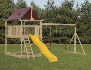 Model 202 - 16'x18' Playset with 6'x8' Tower, 5' Deck, 3-Position Single Swing, 10' Waterfall Slide, 2 Swings, and Trapeze
