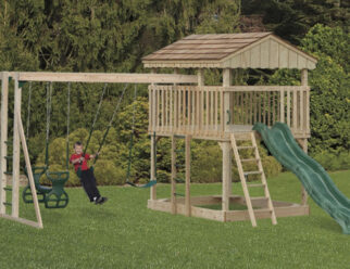 Model 203 - 16'x18' Playset with 6'x8' Tower, 5' Deck, 3-Position Double Swing Beam with Climber Bars, Exit Ladder, 10' Waterfall Slide, 2 Swings, and a Plastic Glider