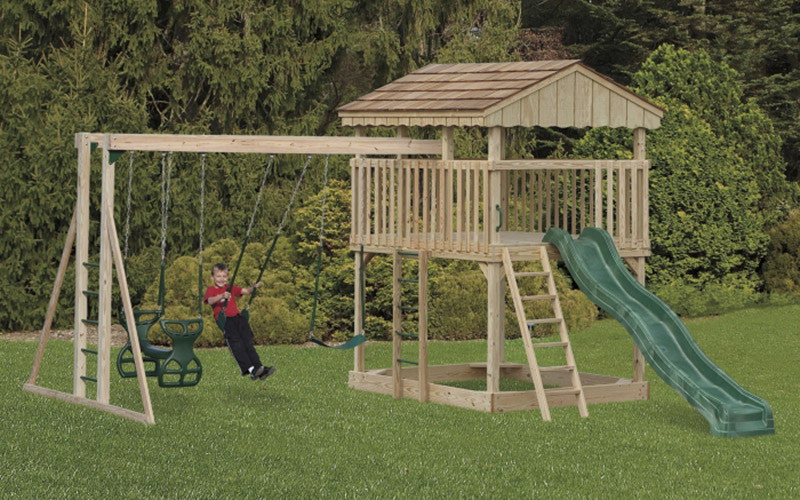 wooden double swing and slide set