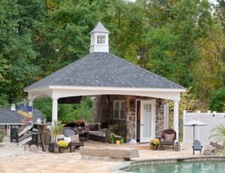 20x20 Hampton White Vinyl Pavilion with Asphalt Shingles, Cupola, and Villa In Backyard Pool Patio