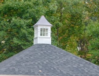 20x20 Hampton White Vinyl Pavilion with Asphalt Shingles, Cupola, and Villa In Backyard Pool Patio