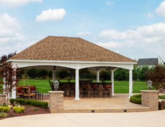 20x30 Hampton Beige Vinyl Pavilion With White Vinyl Asphalt Shingles On A Backyard Patio