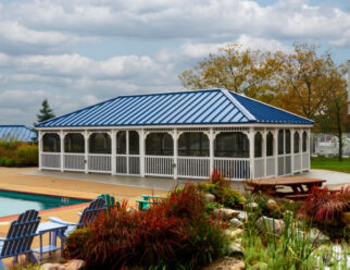 20'x40' Rectangular Country Style White Vinyl Gazebo With Blue Roof, Screens