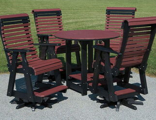 Cherry Wood and Black Roll Back Pub Set Chair: 55″h x 30″w x 36″d, Table: 44″ diameter x 39″h