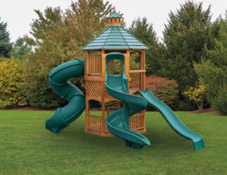 Model 1204 - 22'x22' Playset with 8' Octagon Split Level, Ground Level Deck with Railing, 5' and 7' High Decks, Cupola, 10' Waterfall Slide, 7' Spiral Slide, and 7' Turbo Slide