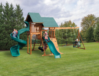 Model 1605 - 17'x26' Playset with 4'x5' A-Frame Tower, 3'x3' Tower, 5' and 7' High Decks, Poly Roof, 3-Position Single Swing Beam, 10' Waterfall Slide, 7' Spiral Slide, 8 Trapeze Handles, 2 Swings, Plastic Glider, Tire Swing, 5' Rock Wall, and Cargo Net