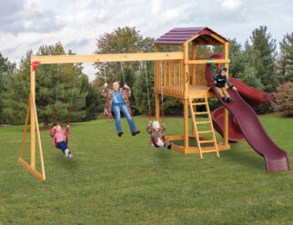 Model 806 - 14'x24' Playset with 4'x6' Tower, Poly Roof, 5' High Deck, 3-Position Single Swing Beam, 10' Waterfall Slide, 5' Spiral Slide, 2 Swings, and Trapeze