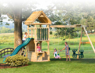 Challenger 25'x9' Playset (AKA 4x4 Challenger) with 4x4 Tower, Step Ladder, Hand Rail, 4x4 Lemonade Stand, Wood Roof, Green Poly Slats, Rock Wall, 10’ Wonder Wave Slide, Steering Wheel, 3-Position 8’ high Swing Beam, Belt Swing, Child’s Seat with Rope, Plastic Glider, & (6) Anchors