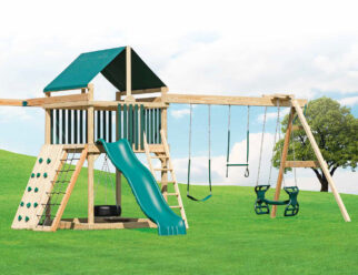 Challenger 21'x17' Playset (AKA 6x6 Challenger) with 6x6 Tower, Step Ladder, Hand Rail, 6x6 Sandbox, Tarp Roof, Green Poly Slats, Rock Wall, Cargo Net, 10’ Wonder Wave Slide, Tire Swing, Sky Glider with Cyclone Seat, 3-Position 8’ high Swing Beam, Ship’s Wheel, Belt Swing, Trapeze, Plastic Glider, & (6) Anchors