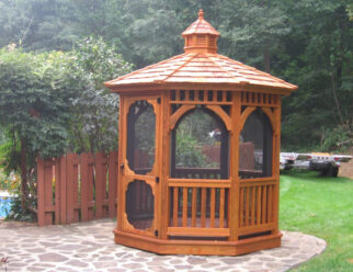 8’ Wooden Octagon Gazebo Shown with cupola, Dutch Style, Cedar shake shingles and screen-door package