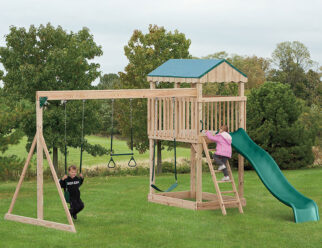 Model 802 - 14'x16' Playset with 4'x6' Tower, 5' High Deck, 3-Position Single Swing Beam, 10' Waterfall Slide, 2 Swings, and Trapeze