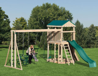 Model 803 - 14'x18' Playset with 4'x6' Tower, 5' High Deck, 3-Position Double Swing Beam with Climber Bars, Exit Ladder, 2 Swings, Plastic Glider, 10' Waterfall Slide, and 5' Rock Wall