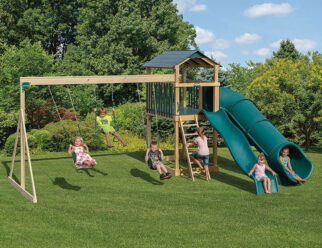 Model 804 - 14'x19' Playset with 4'x6' Tower, Poly Roof, Floor, and Slats, 5' High Deck, 3-Position Single Swing Beam, 10' Sidewinder Slide, 10' Waterfall Slide, 2 Swings, and Trapeze