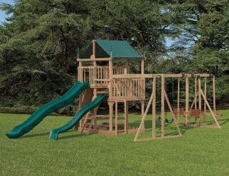 Model 851 - 19'x32' Playset with 6'x8' Split Level Tower, 5' and 7' High Decks, 10' Waterfall Slide, 14' Slide, 4-Position Single Swing Beam, 2 Swings, Wood Glider, Lawn Swing, 7' Rock Wall, Picnic Table, 8' Climber Beam, and Exit Ladder