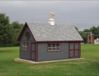 Gray Wood Elite A-Frame Big Barn With Red Accents on Swing Out Doors