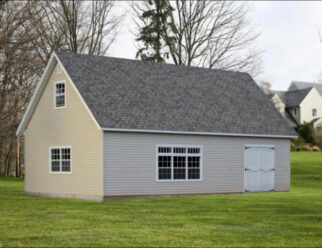 Two Story Elite Beige Vinyl A-Frame Garage With Windows And White Swing Out Door