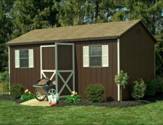Brown Wood A Frame Shed With White Accented Door And White Shutters