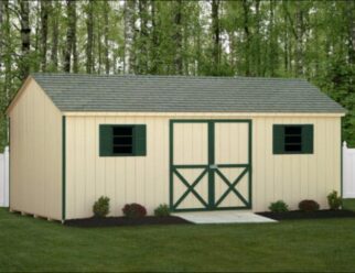 Beige A Frame Wood Shed With Green Window And Door Accents