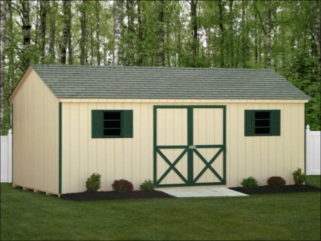 Beige A Frame Wood Shed With Green Window And Door Accents