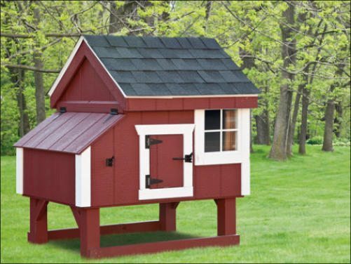 Red wood Amish 3'x3' A-Frame Chicken Coop with black singles, window, and white trim accents