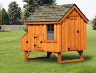 Stained wood 4'x4' Amish A-Frame Chicken Coop with black shingles, and window