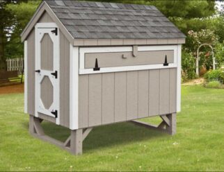 Gray painted wood 4'x6' Amish A-Frame Chicken Coop with black shingles, and white trim accents