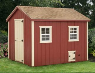 Red wood 8'x10' Amish Chicken Coop with two windows, white door, and white trim accents