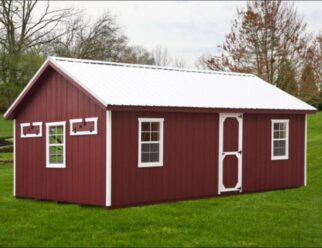 Red vinyl Amish A-Frame 12'x24' Chicken Coop with white metal roof, windows, door, and white trim accents