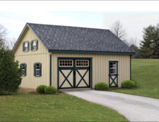 Two Story Board and Batten A Frame Beige Wood Garage