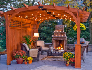 12’ x 17’ Wooden Hearthside Amish Pergola With Lattice Roof, Privacy Wall, Superior Posts, Canyon Brown Stain