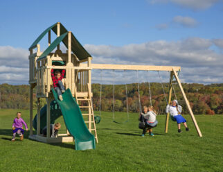 Castle 19'x22' Playset with Two 5x4 Towers with Ladder, 5x4 Sandbox, 5x4 Ground Level Deck, Tarp Roofs, 10' Wonder Wave Slide, 7' Tornado Tube Slide, 4-Position Swing Beam, 2 Belt Swings, Full Bucket Chicld's Seat, 4-Chain Tire Swing, & (6) Anchors