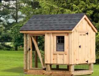 Natural wood 4'x6' Combination A-Frame Amish Chicken Coop with black shingles, and built in cage