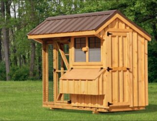 Natural wood Combination 4'x8' Amish Chicken Coop with brown metal overhang roof, two windows, and feeding box