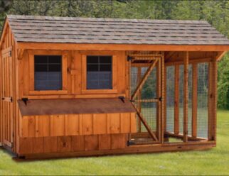 Stained wood 6'x12' Combination Amish Chicken Coop with brown shingled roof, two windows, feeding box, and built in cage with door