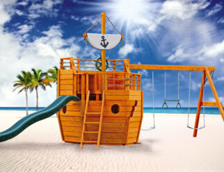 Cutter 26'x10' Playset with 10’ Wonder Wave Slide, Hand Rail, Captain’s Wheel, 3-Position 7’ high Swing Beam, Two Belt Swings, Trapeze, & (2) Anchors