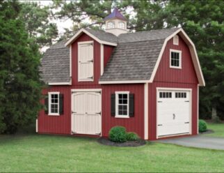 Two Story Red Wood Elite Dutch Style Barn With White Single Door Garage And Beige Swing Out Doors
