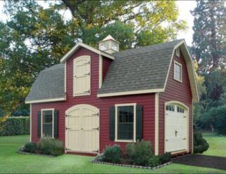 Red Wood Two Story Elite Dutch Barn With Black Shutters, Beige Swing Out Doors And A Single Door Garage