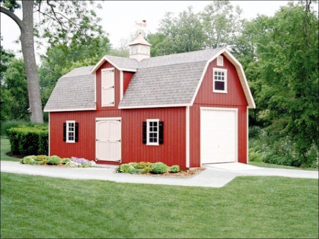 Two Story Red Wood Elite Dutch Big Barn With White Single Car Garage