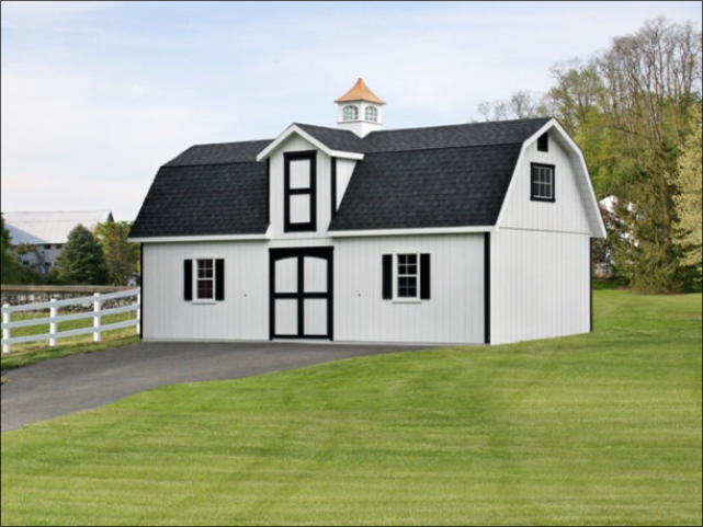 Two Story White Vinyl Elite Dutch Big Barn With Black Accents And Copper Weathervane