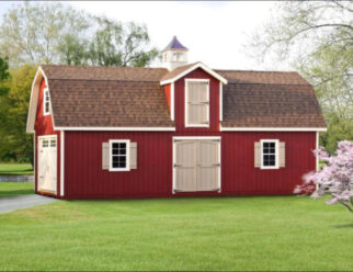Red Wood Two Story Elite Dutch Big Barn With Beige Shutters, Door and Single Door Garage
