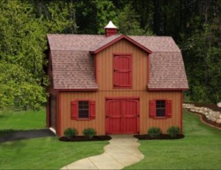 Two Story Brown Wood Elite Dutch Big Barn With Red Shutters And Red Doors