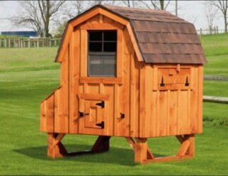 Stained wood Dutch-styled 4'x4' Amish Chicken Coop with brown shingles and window