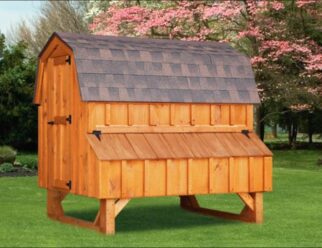 Stained wood Dutch-styled 4'x6' Amish Chicken Coop with brown shingles and feeding box