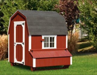 Red wood Dutch-styled 6'x6' Amish Chicken Coop with door, window, feeding box, and white trim accents